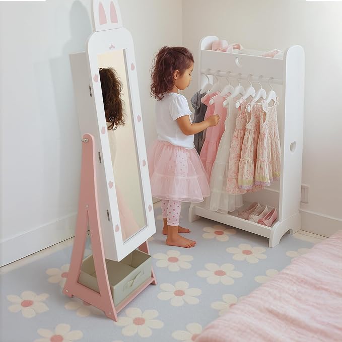 Karl home 45.5" Kids Jewelry Armoire with Mirror, White | Standing Organizer with Removable Drawers, Cute Rabbit-Shaped Dress Up Cabinet for Little Girls