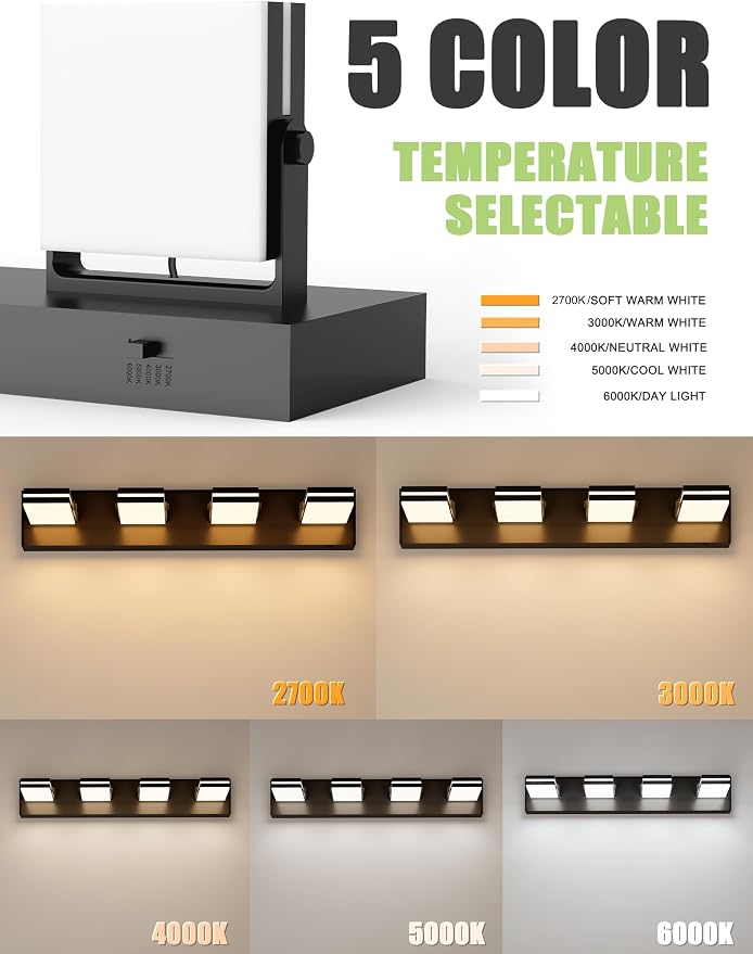 VOLISUN 4 Light Bathroom Vanity Light, 27.16 inch Dimmable Bathroom Light Fixtures Over Mirror, 5 Color Temperatures, 180°Rotatable Head, Black LED Vanity Lights for Bathrooms-ETL Certificated