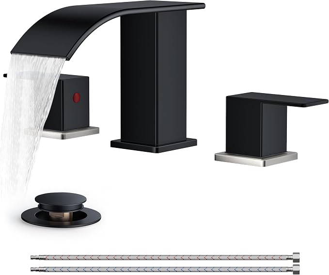 FORIOUS Bathroom Faucet Waterfall 3 Hole 8 Inch Black and Brushed Nickel | Square Bathroom Sink Faucet with Pop-up Drain and 24" Supply Lines, Lead-Free SUS304, Two Handles for Vanity RV Farmhouse