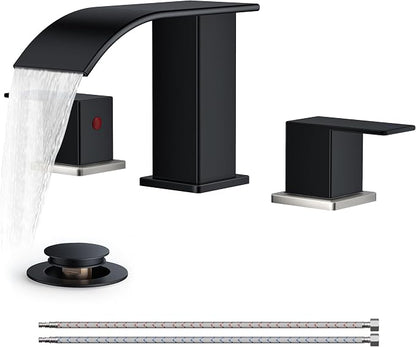 FORIOUS Bathroom Faucet Waterfall 3 Hole 8 Inch Black and Brushed Nickel | Square Bathroom Sink Faucet with Pop-up Drain and 24" Supply Lines, Lead-Free SUS304, Two Handles for Vanity RV Farmhouse