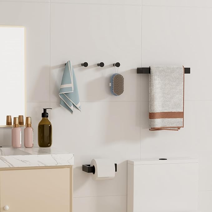 SAYAYO 6-Piece Bathroom Hardware Set Black, Includes 10 Inch Towel Bar | Toilet Paper Holder & 4Pcs Coat Hooks Wall Mount, Towel Racks for Bathroom Accessories Set SUS304 Stainless Steel