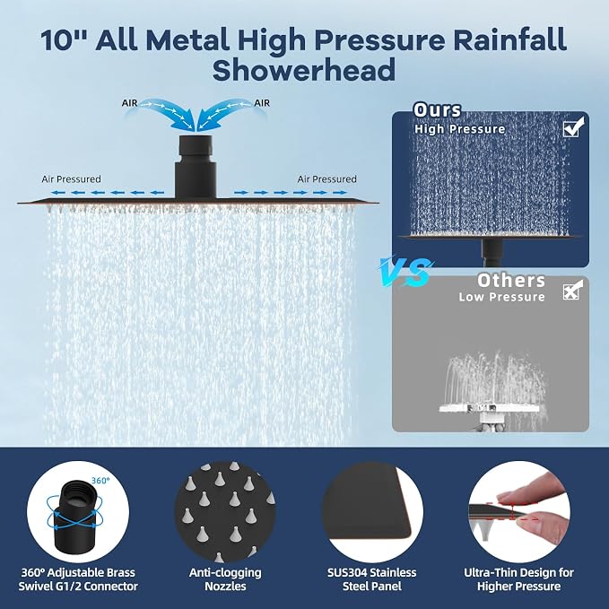 Hibbent 10'' Dual-Filter Showerhead & 10-Mode Handheld, Oil-Rubbed Bronze | All Metal Stainless Steel Rain Showerhead, 4-way Diverter, Heightened All Metal Extension Arm, 71'' Hose & Holder, Easy Reach