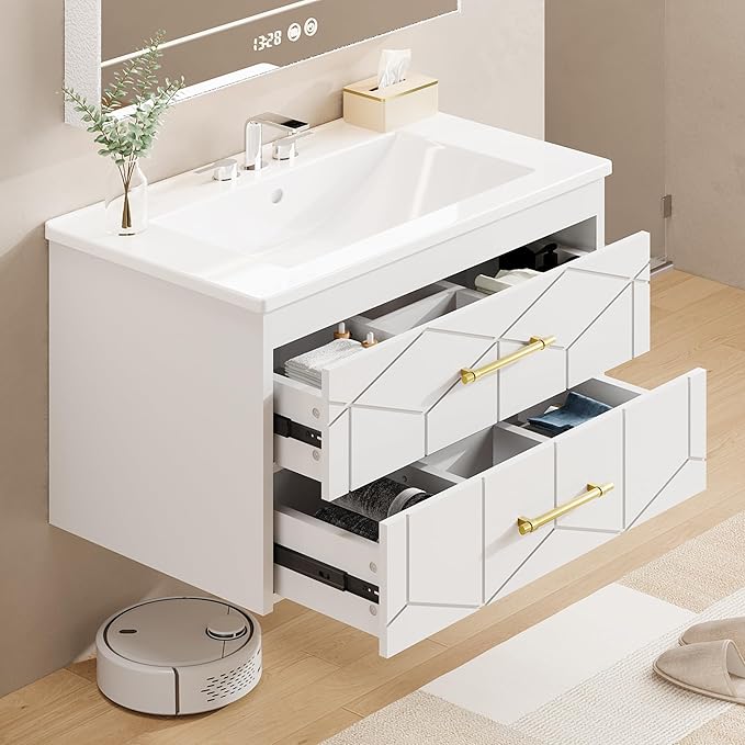 Garvee 30" Bathroom Vanity with Sink, Floating Bathroom Vanity with Ceramic Basin, 2 Large Storage Drawers with Gold Metal Handle, Modern Wall Mounted Bathroom Cabinet with Sink, White