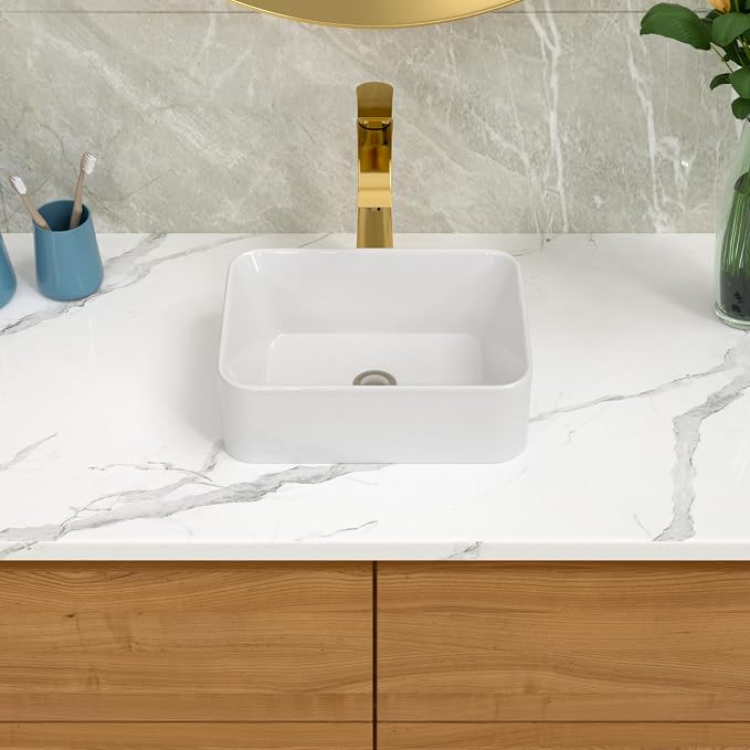 Lordear Vessel Sink Rectangular 16"x12" Rectangle Bathroom Sink | Pure White Porcelain Ceramic Vessel Sink, Rectangular Above Counter Sink Art Basin