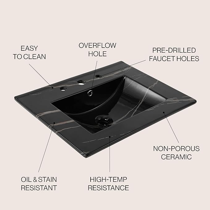 JONATHAN Y SNK1001D Ancillary 3-Hole 24 in. W x 18.25 in. D Classic Contemporary Rectangular Ceramic Single Sink Basin Vanity Top, Black Marble Effect
