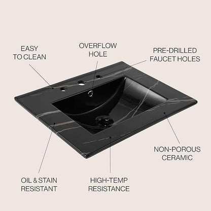JONATHAN Y SNK1001D Ancillary 3-Hole 24 in. W x 18.25 in. D Classic Contemporary Rectangular Ceramic Single Sink Basin Vanity Top, Black Marble Effect