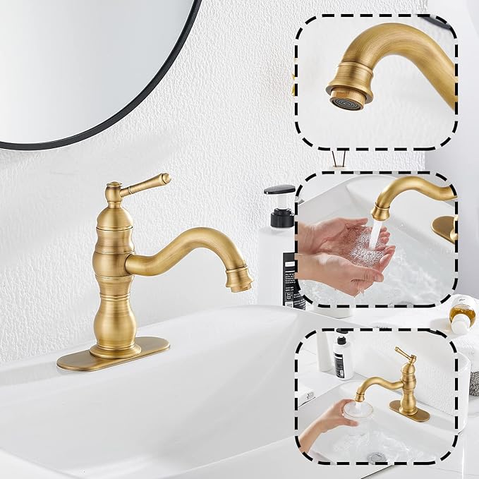 Antique Brass Bathroom Faucet GGStudy 360° Swivel Bathroom Vanity Faucet Single Handle One Hole Basin Matching Pop Up Drain with Overflow