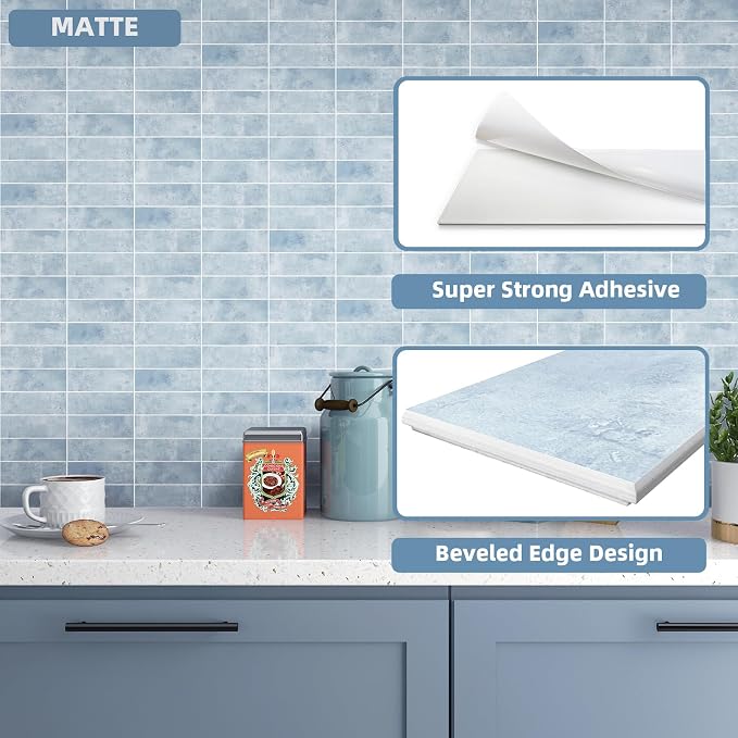 Tilingview 30 PCS Peel and Stick Backsplash Tile for Kitchen/Bathroom/Living Room, 3"x 9" Self-Adhesive Subway Tile for Backsplash, Imitation Glazed Tiles/Handmade Tiles (Matte Pastel Blue)