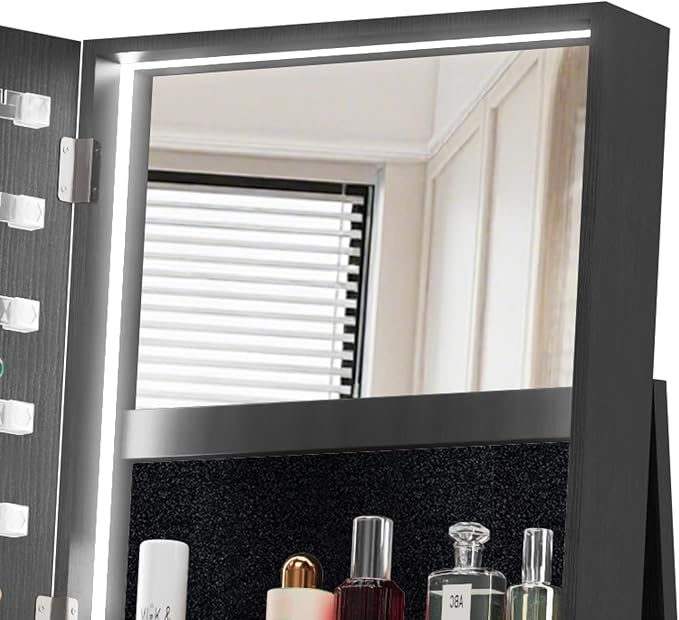 Lockable Mirror Jewelry Cabinet Standing, Full Length Mirror with Storage, 360° Swivel Jewelry Organizer Armoire, Black