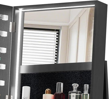Lockable Mirror Jewelry Cabinet Standing, Full Length Mirror with Storage, 360° Swivel Jewelry Organizer Armoire, Black