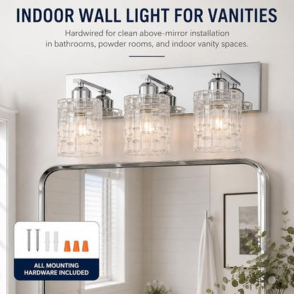 3-Light Crystal Vanity Light for Bathroom, Chrome Over Mirror Light Fixture, Modern Wall Mount for Living Room, Bedroom, Hallway