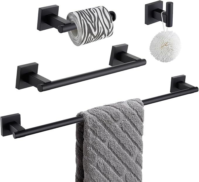 Suyar Bathroom Hardware Set Matte Black, Bathroom Accessories 4 Pieces | Include Robe Hook, Toilet Paper Holder, Hand Towel Holder, Towel Bar, SUS304 Stainless Steel, Wall Mounted