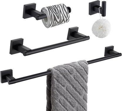 Suyar Bathroom Hardware Set Matte Black, Bathroom Accessories 4 Pieces | Include Robe Hook, Toilet Paper Holder, Hand Towel Holder, Towel Bar, SUS304 Stainless Steel, Wall Mounted