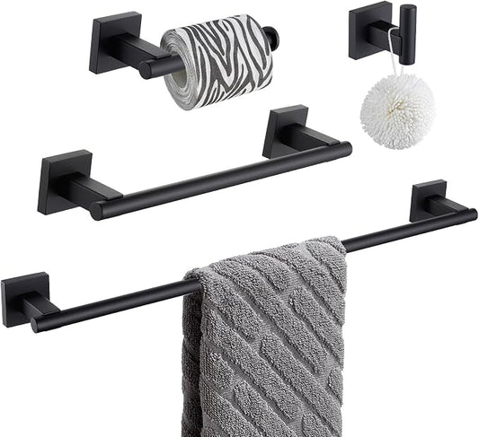 Suyar Bathroom Hardware Set Matte Black, Bathroom Accessories 4 Pieces | Include Robe Hook, Toilet Paper Holder, Hand Towel Holder, Towel Bar, SUS304 Stainless Steel, Wall Mounted