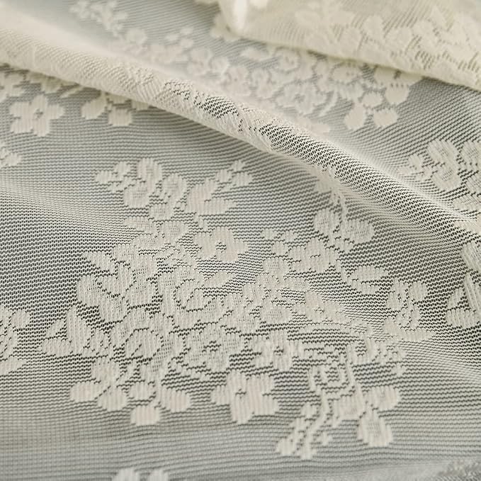 Ivory Lace Shower Curtain 72x72, Vintage Shabby Chic with Attached Valance | Fancy Shower Curtain with Scalloped, Flower Lace, Light-Filtering for Luxury Elegant Shabby Chic Bathrooms Light Beige