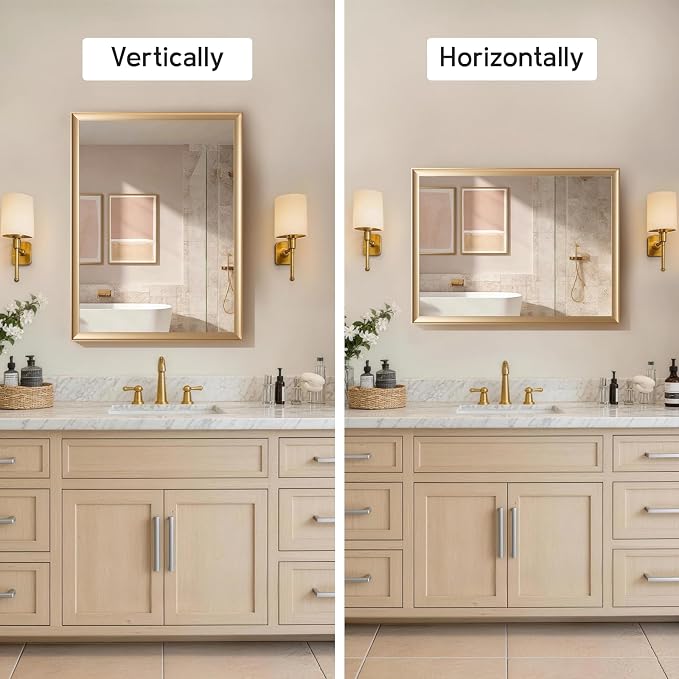 Gold Bathroom Mirror 30x40 Inch, Rectangle Vanity Mirror | Brushed Gold Bathroom Mirror for over sink, Bedroom, Entryway, Living Room, Aluminum Alloy Framed, Curved Wide Edge