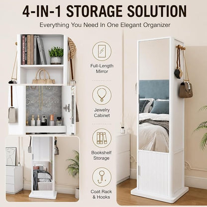 360° Rotating Makeup Jewelry Armoire Cabinet, Mirror Jewelry Cabinet Standing with a Full-Length Mirror, Storage Cabinet a Coat Rack, 4 Layers of Open 2 Layers of Built-In Shelves for Bedroom