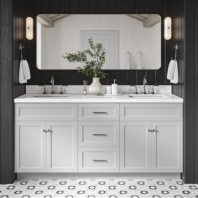 DKB Bradford 72 Inch Bathroom Vanity Double Sink — Grey Bathroom Vanity with Sink, 1.5" Edge Carrara White Countertop & Backsplash, 4 Soft-Close Doors, and 3 Dovetail Drawers