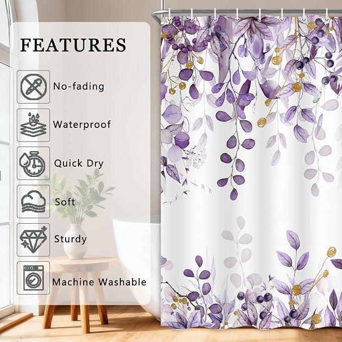 Purple Eucalyptus Shower Curtain, Watercolor Plants Foliage Floral Bathroom Curtains, Stylish Noble Botanical Leaves Waterproof Fabric Cloth Shower Curtain Set with Hooks 72X75 Inch