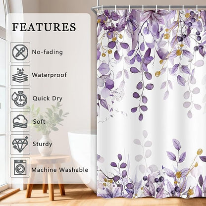 Purple Eucalyptus Shower Curtain, Watercolor Plants Foliage Floral Bathroom Curtains, Stylish Noble Botanical Leaves Waterproof Fabric Cloth Shower Curtain Set with Hooks 72X75 Inch