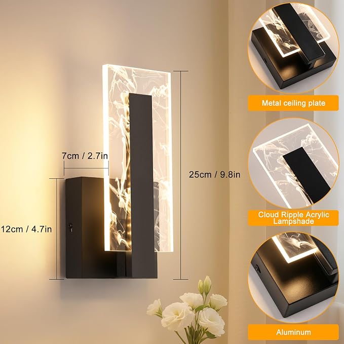 LED Wall Sconces Set of Two, Hardwire Modern Wall Sconces, 3000K Warm White Light Black Wall Lights, Acrylic Bedside Wall Mount Light for Hallway, Bedroom, Study, Living Room Indoor, 2 Packs