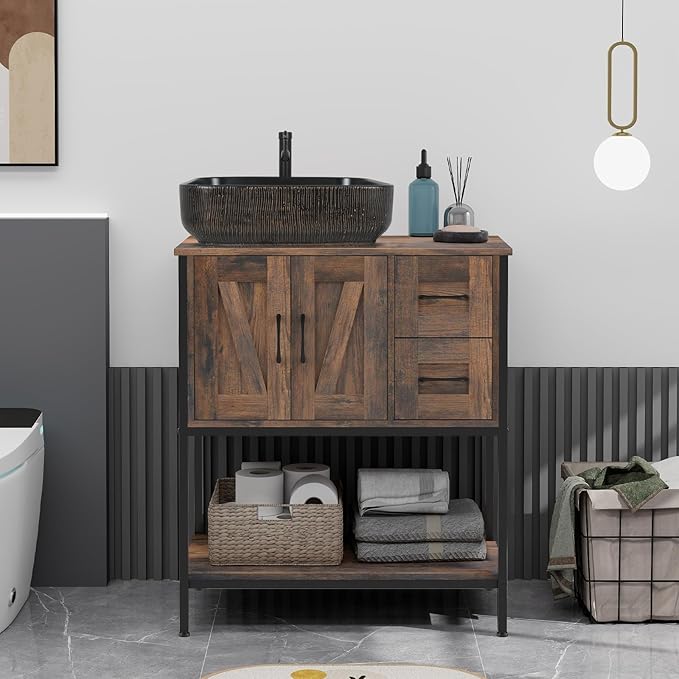 YOURLITE Bathroom Vanity, 30" Rustic Brown Bathroom Vanity with Sink Combo Set, Farmhouse Modern Wood Cabinet with Black Art Ceramic Vessel Sink
