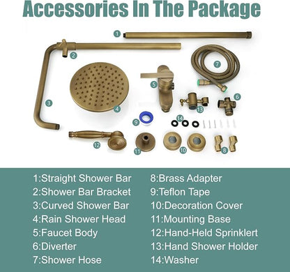 Heyalan Exposed Shower System, 8 Inch Rain Head, Handheld,Antique Brass | Exposed shower system with 8 inch rain head, handheld sprayer, single handle control, and complete wall-mounted setup.