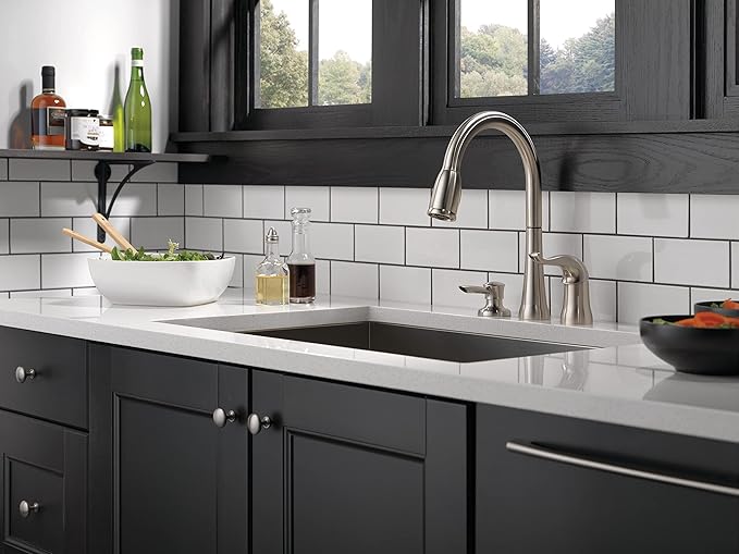 Delta Kate Brushed Nickel Kitchen Faucet with Pull Down Sprayer and Soap Disperser, Modern Two Hole Kitchen Sink Faucet, Single Handle, Stainless 16970-SSSD-DST