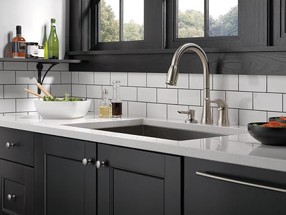 Delta Kate Brushed Nickel Kitchen Faucet with Pull Down Sprayer and Soap Disperser, Modern Two Hole Kitchen Sink Faucet, Single Handle, Stainless 16970-SSSD-DST