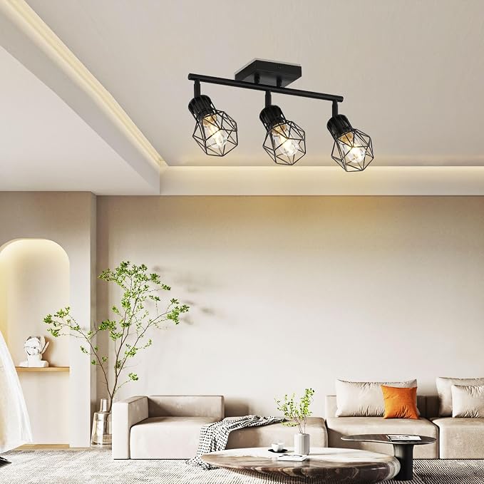 3-Light Black Flush Mount Ceiling Track Light E26 for Kitchen | Industrial black metal, adjustable heads, dimmable E26 base, for kitchen hallway closet bathroom lighting