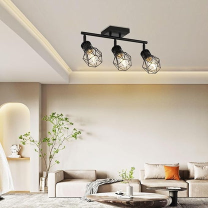 3-Light Black Flush Mount Ceiling Track Light E26 for Kitchen | Industrial black metal, adjustable heads, dimmable E26 base, for kitchen hallway closet bathroom lighting