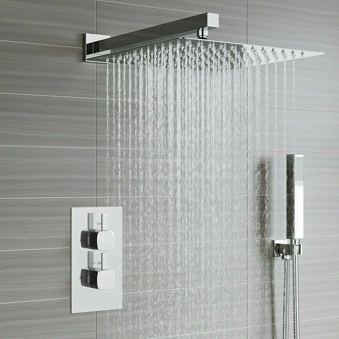 Voolan All Metal Shower Head with Extension Arm, Stainless Steel Waterfall Rainfall Showerheads, High Flow Bathroom Square Rain Shower Head (10’’ Shower Head with 16’’ Shower Arm, Brushed Nickel)
