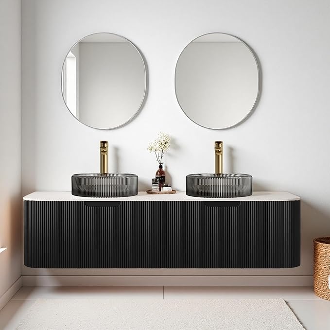 60" Floating Bathroom Vanity with Double Sink, Modern Bathroom Vanities with Round Crystal Glass Basin and Marble Countertop, 2 Soft-Closing Drawer, Solid Wood Pre-Assembled Cabinet, Black