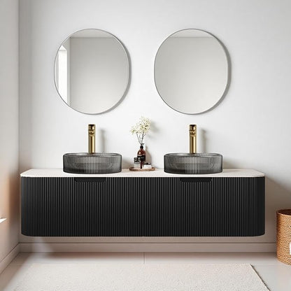 60" Floating Bathroom Vanity with Double Sink, Modern Bathroom Vanities with Round Crystal Glass Basin and Marble Countertop, 2 Soft-Closing Drawer, Solid Wood Pre-Assembled Cabinet, Black