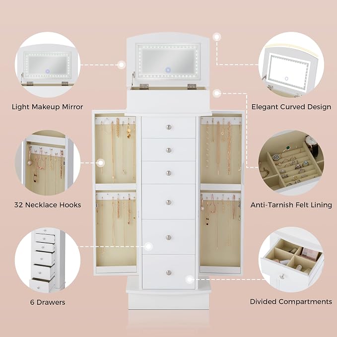IRONCK Jewelry Cabinet with LED Mirror and 6 Drawers, Jewelry Armoire Cabinet Standing with Necklace Hooks & Anti-Tarnish Lining, Standing Jewelry Box, Gift for Women, White