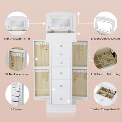 IRONCK Jewelry Cabinet with LED Mirror and 6 Drawers, Jewelry Armoire Cabinet Standing with Necklace Hooks & Anti-Tarnish Lining, Standing Jewelry Box, Gift for Women, White