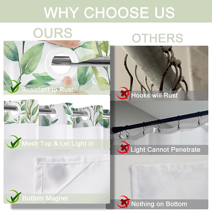 No Hook Shower Curtain and Liner Set, Mint Green Eucalyptus 71x74 | Floral Design, with Snap in Liner, Waterproof, Machine Washable, Quick-Drying, for Hotel Bathroom