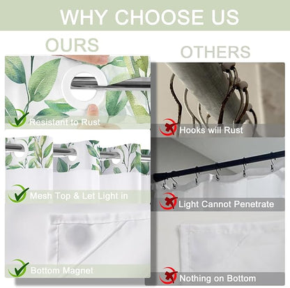 No Hook Shower Curtain and Liner Set, Mint Green Eucalyptus 71x74 | Floral Design, with Snap in Liner, Waterproof, Machine Washable, Quick-Drying, for Hotel Bathroom