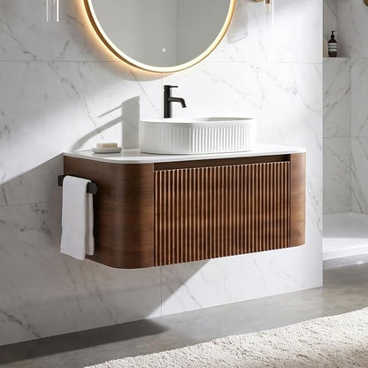 36" Preassembled Floating Bathroom Vanity with White Sink, Walnut | Mid-Century Modern Style, Fluted & Soft-Close Drawer with U-shaped Wall, Sinterted Stone Countertop, Towel Rack Included