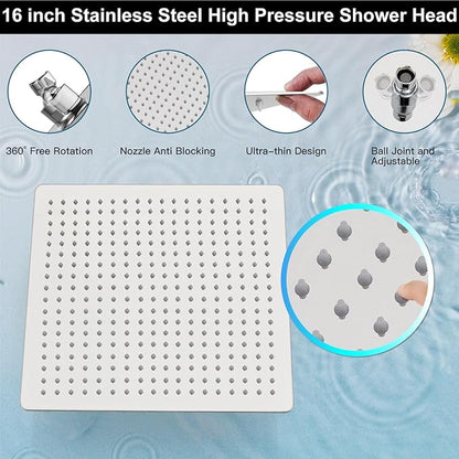 Midanya Shower Faucet Set,Wall Mount Shower System with Square Rain Shower Head and Hand Sprayer, Rough-in Valve Body and Trim Kit Included,16 Inch,Polish Chrome