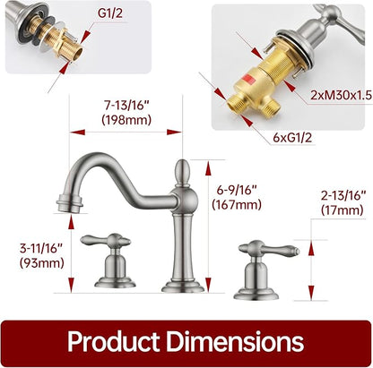 SUMERAIN Vintage 8" Widespread Bathroom Faucet, Brushed Nickel | 3 Hole, 2 Handle, 360°Swivel Spout