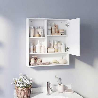 Panana Bathroom Medicine Cabinet with Mirror, Wall Mounted Single Mirror Door Storage Cabinet with 3 Open Compartments, Adjustable Height Shelf, 21.9x5.1x23.6 inch (White)