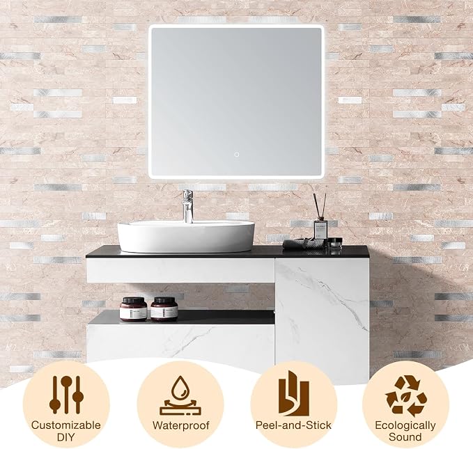 Peel and Stick Backsplash Tile Waterproof Removable PVC Wall Sticker 3D Faux Stone Marble Brick White Accent Panels (Pink Marble - Metal Silver, 40 Tiles - 18 sq. ft. (1.68 m²))
