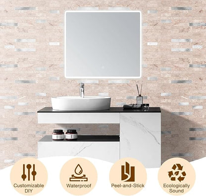 Peel and Stick Backsplash Tile Waterproof Removable PVC Wall Sticker 3D Faux Stone Marble Brick White Accent Panels (Pink Marble - Metal Silver, 40 Tiles - 18 sq. ft. (1.68 m²))