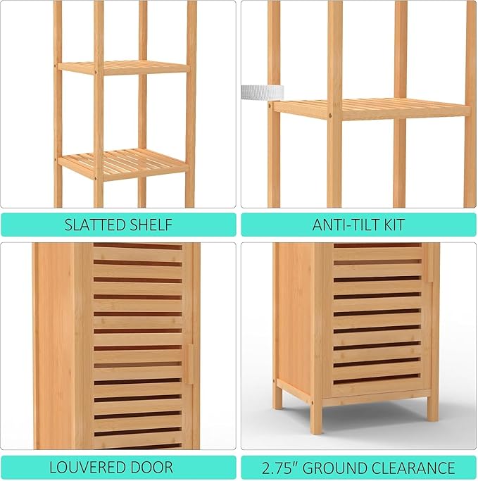 67" Tall Bathroom Cabinet，Linen Tower Cabinet with Single Door and 3 Tier Shelves，Bamboo Freestanding Cabinets Storage Organizer for Living Room, Bedroom, Kitchen