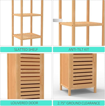 67" Tall Bathroom Cabinet，Linen Tower Cabinet with Single Door and 3 Tier Shelves，Bamboo Freestanding Cabinets Storage Organizer for Living Room, Bedroom, Kitchen