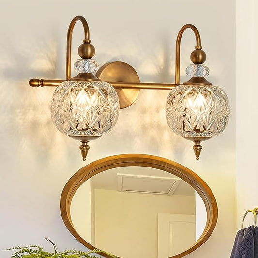 Vintage Bathroom Light Fixtures Gold Vanity Light with Glass Globe LampShade 2 Lights Mid Century G9 Bulb Wall Sconce Indoor Vanity Light Over Mirror for Bedroom Farmhouse Hallway