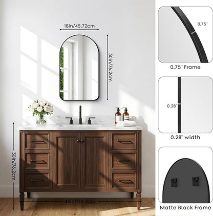 BONEWEI Arched Wall Mirror,18x30 inch Black Arched Mirror Bathroom,Vanity Mirror for Over Sink Metal Frame,Tempered Glass Arch Mirrors for Bedroom,Entryway,Living Room,Home Decor Shatter-Proof