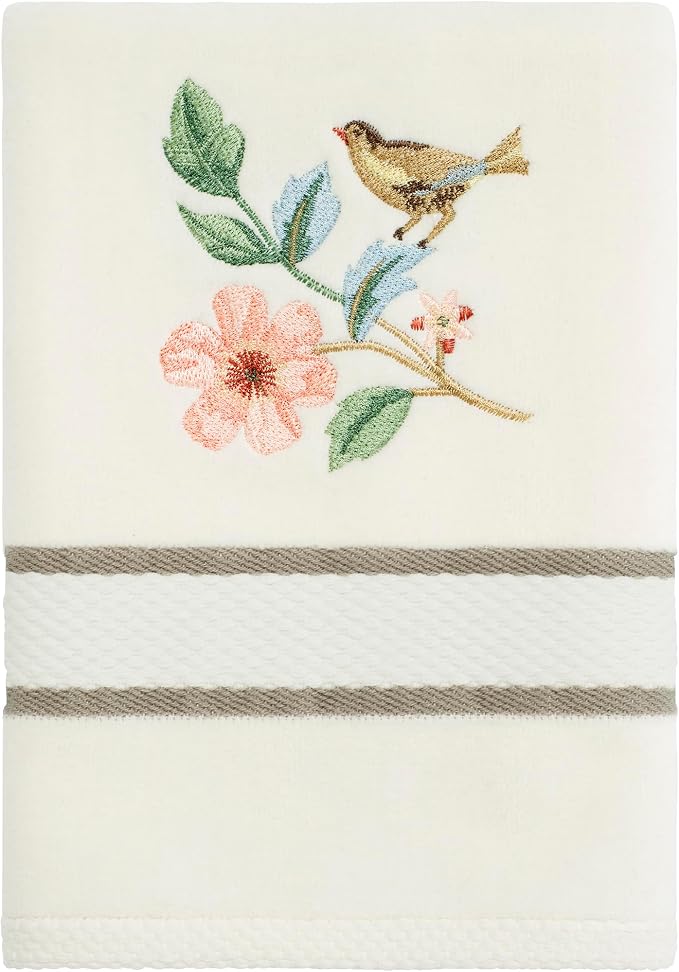 Avanti Linens – Bath Towels, Ringspun Cotton Velour with Embroidered Bird & Floral Design, Striped Border Detail, Set of 2 (Pretty Birds)