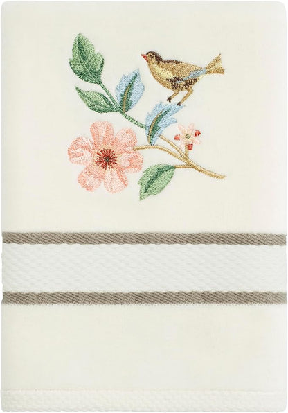 Avanti Linens – Bath Towels, Ringspun Cotton Velour with Embroidered Bird & Floral Design, Striped Border Detail, Set of 2 (Pretty Birds)